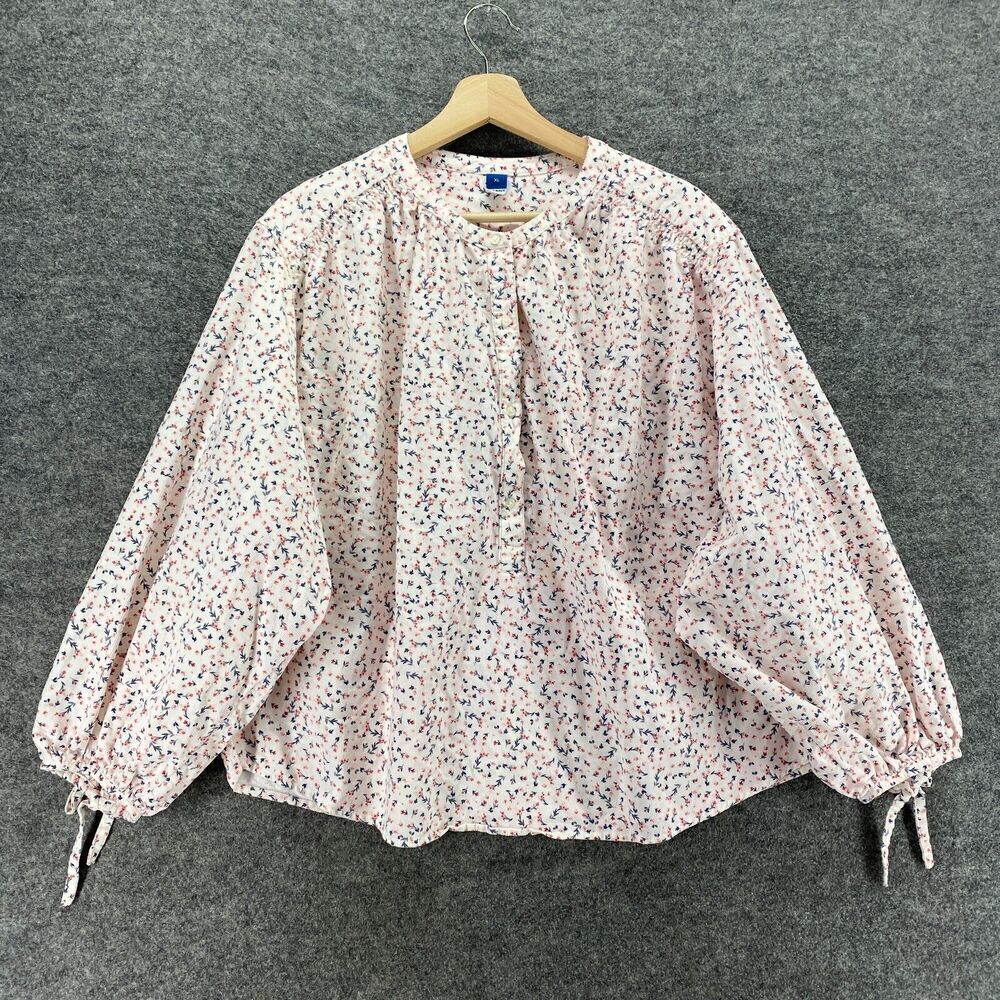 Old Navy Blouse Women XL Beige Floral 1/2 Button Crew Neck Long Sleeve Cotton